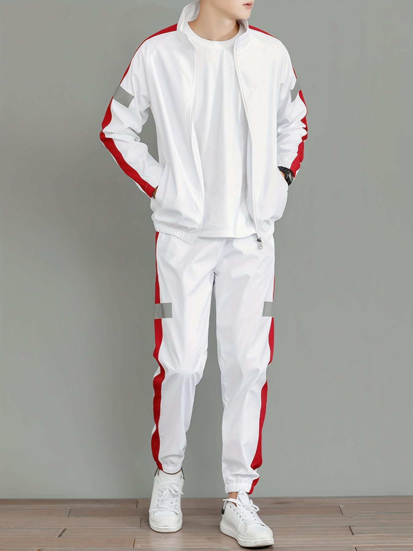 Men's Black and White Striped Polyester Sportswear Set with Reflective Accents for Spring and Fall