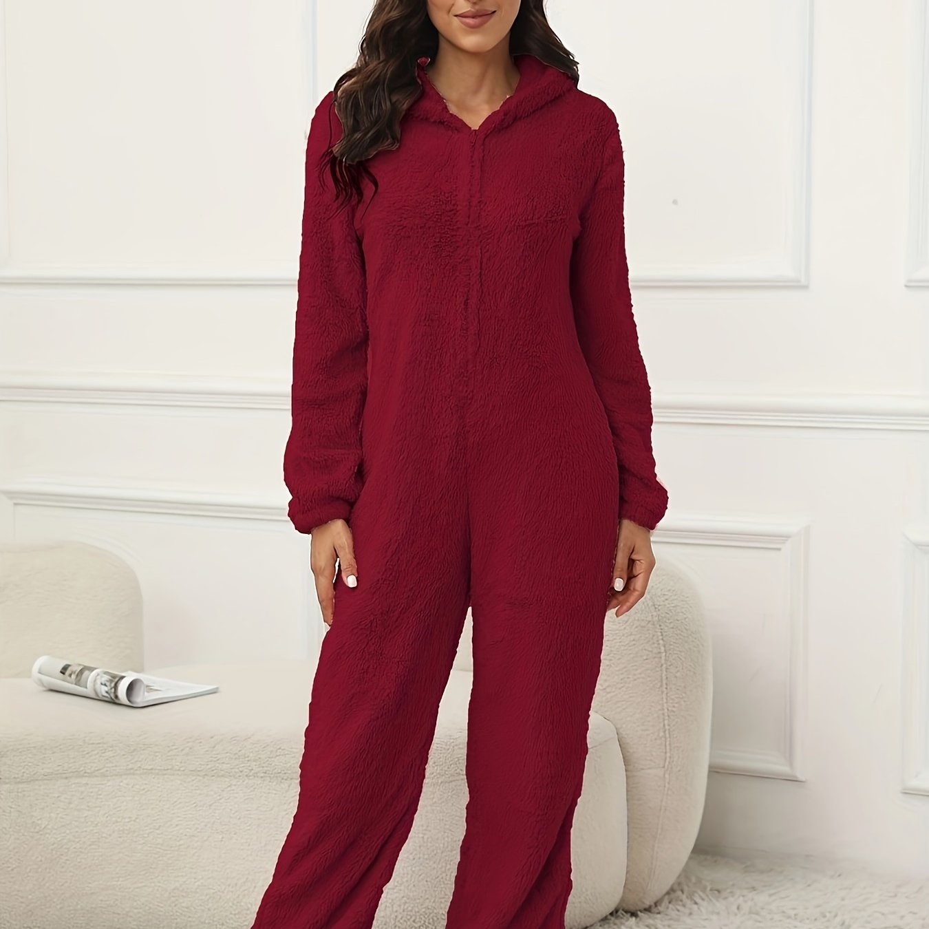 Women's Fuzzy Hooded Lounge Jumpsuit with Zipper Long Sleeve Fall Winter Casual
