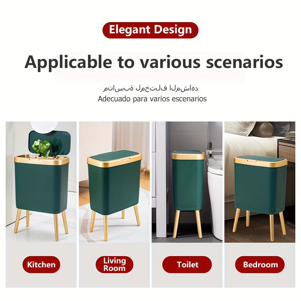 15L Zamonaviy plastik axlat qutisi, anti-hidi qopqog'i va balandlikni oshiruvchi oyoqlari bilan oshxona, hammom, ofis uchun