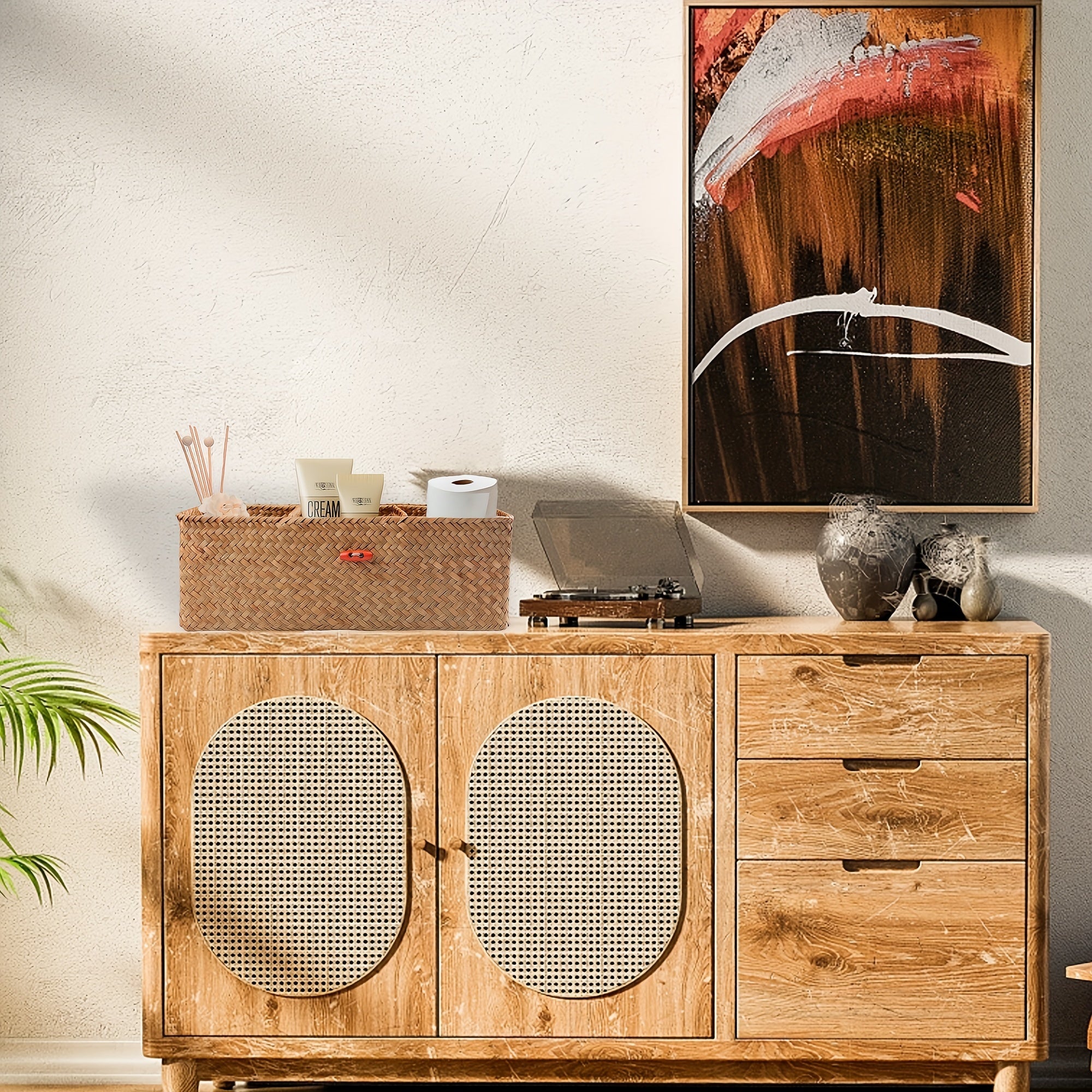 cesta de almacenamiento rectangular de hierba marina con tapa y compartimentos para juguetes, snacks y más