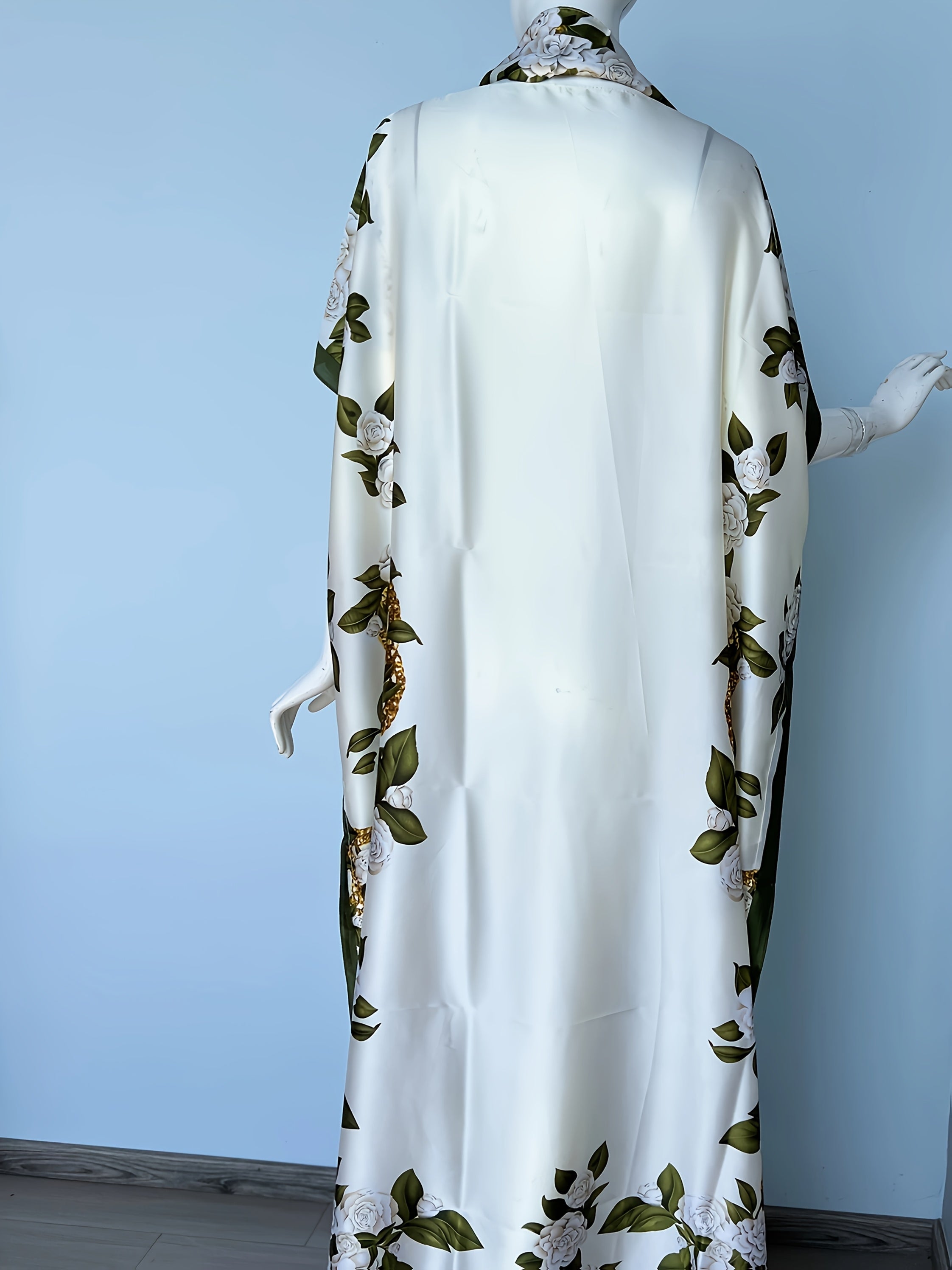 Plus Size Women Maxi Dress Peach Floral Print Shawl Collar Batwing Sleeves