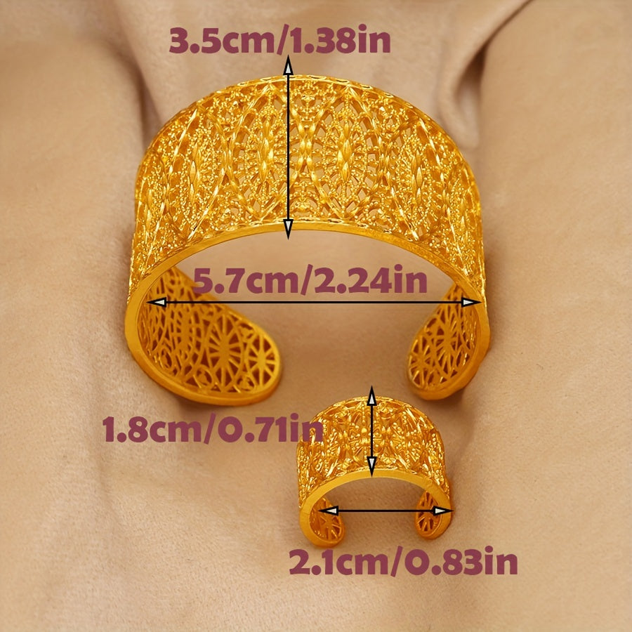 Gold-Plated Jewelry Set for Women Hollow Bangle and Ring Party Banquet Elegant
