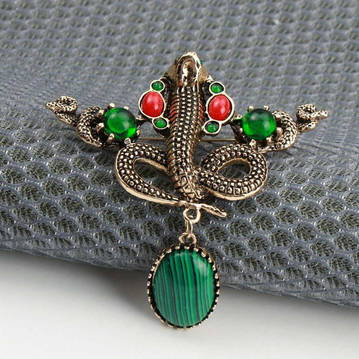 Snake Brooch with Green Enamel and Rhinestones Animal Python Jewelry Accessory