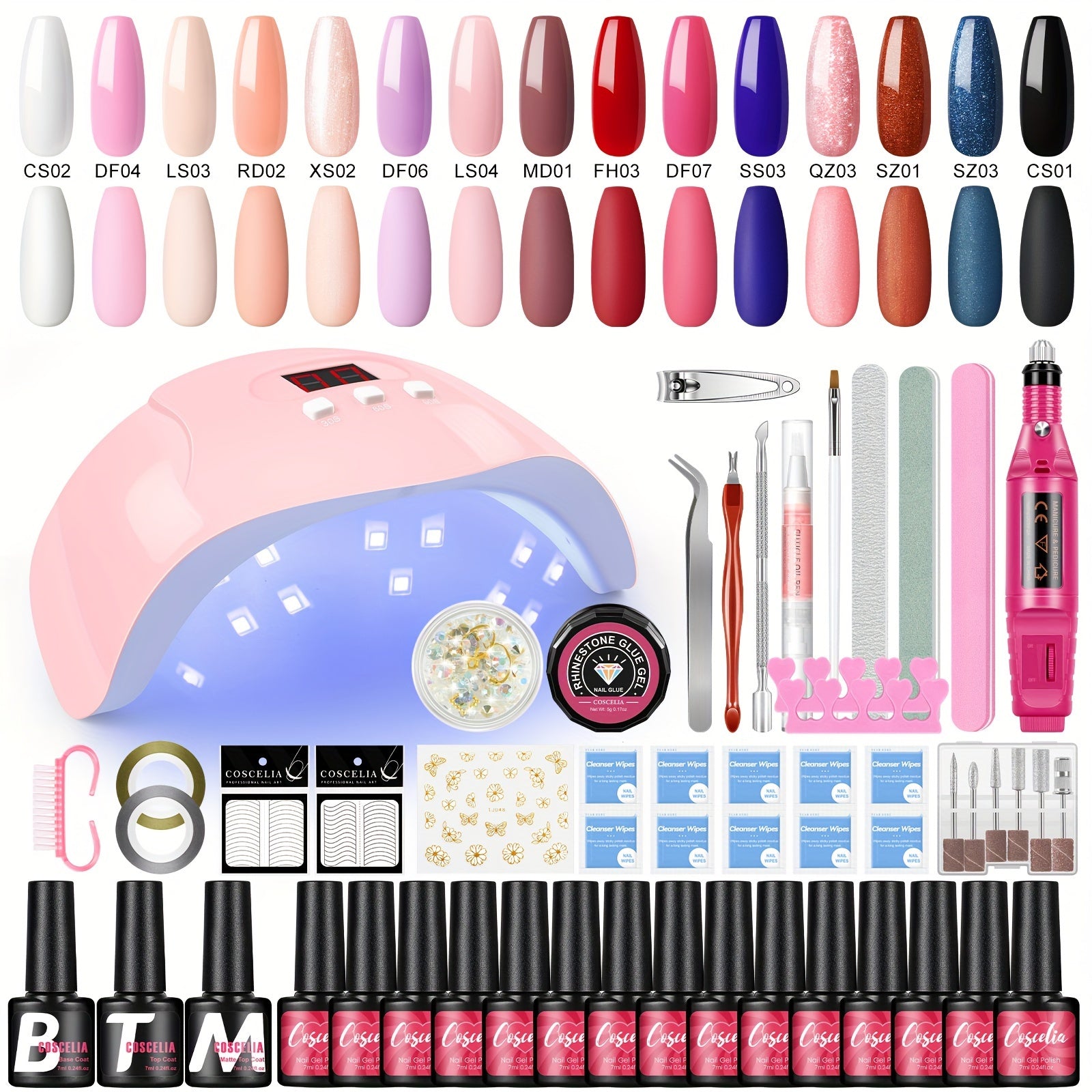 15 Rangi Gel Lak bilan to'plam, UV LED lamp va elektr lakli burg'ulash mashinasi bilan, hayvonlarga zarar yetkazmaydigan vegan