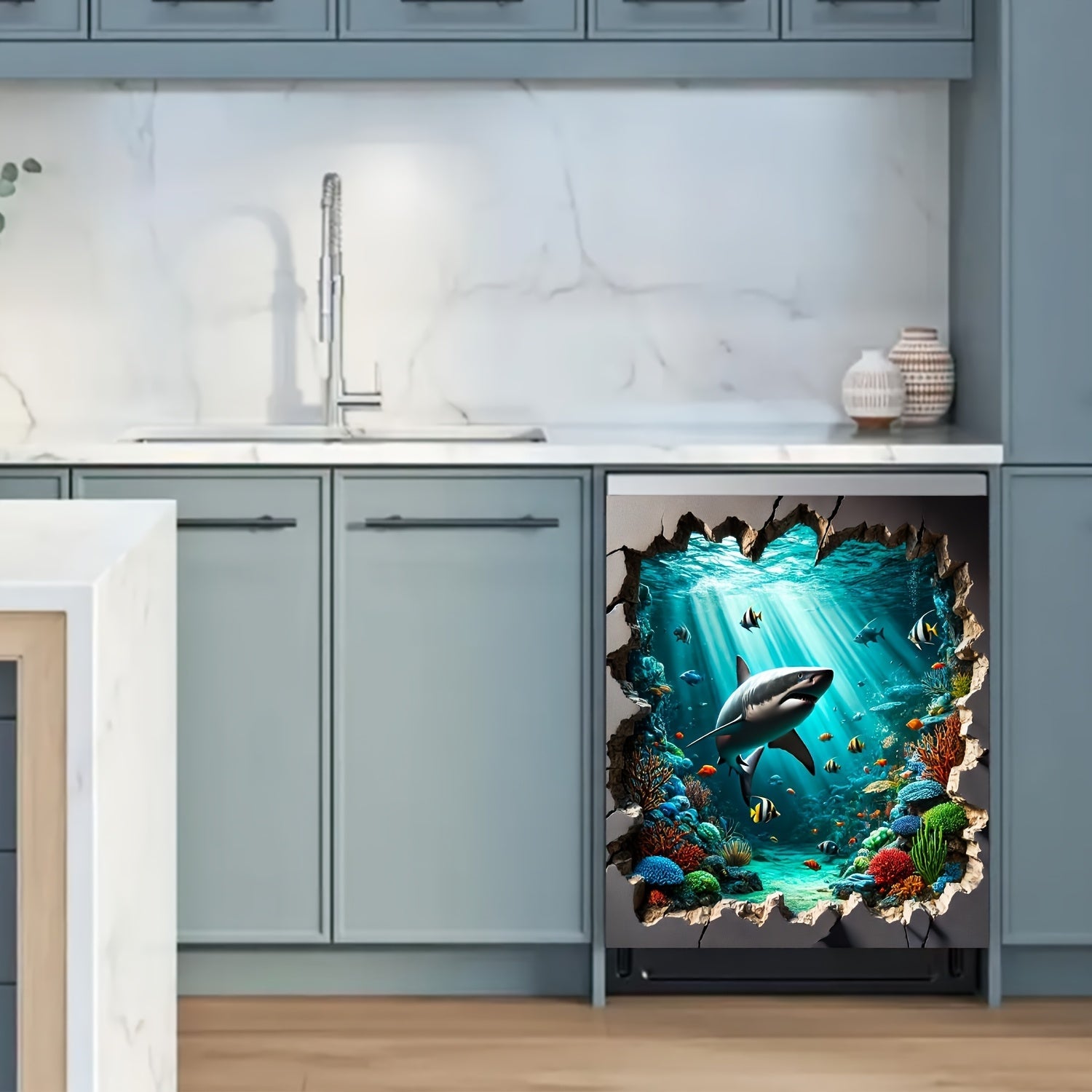 Vinyl Refrigerator Magnet Sticker Underwater Shark Adventure Waterproof Heat Resistant Easy to Clean Rectangular Door Decor