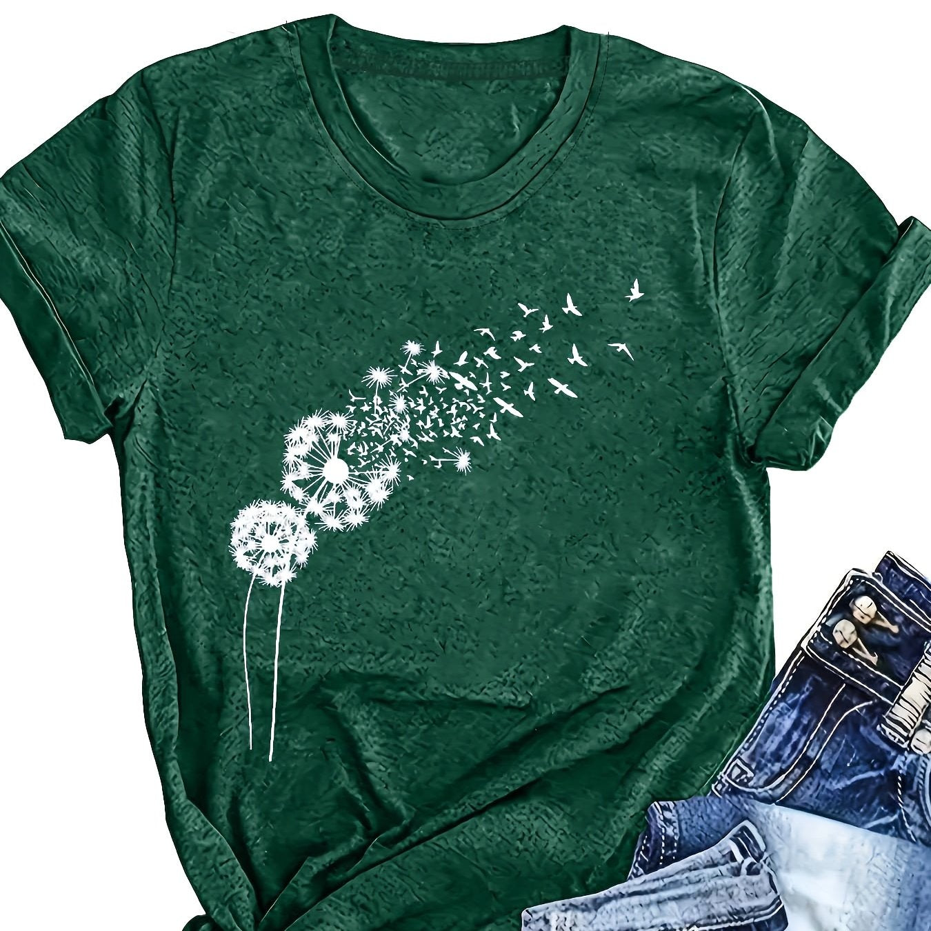 Women's Green T-Shirt with Dandelion & Birds Graphic Short Sleeve
