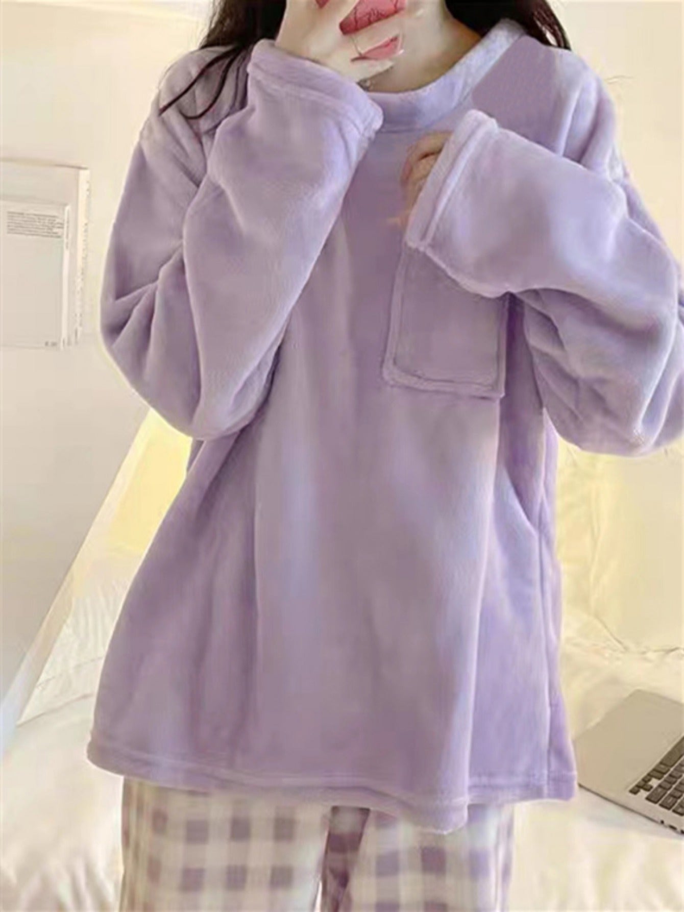 Plus Size Winter Fleece Pajama Set Women Plaid Sleepwear Loungewear