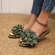 Женские цветочные льняные шлепанцы на плоской подошве, дышащие, зеленые
