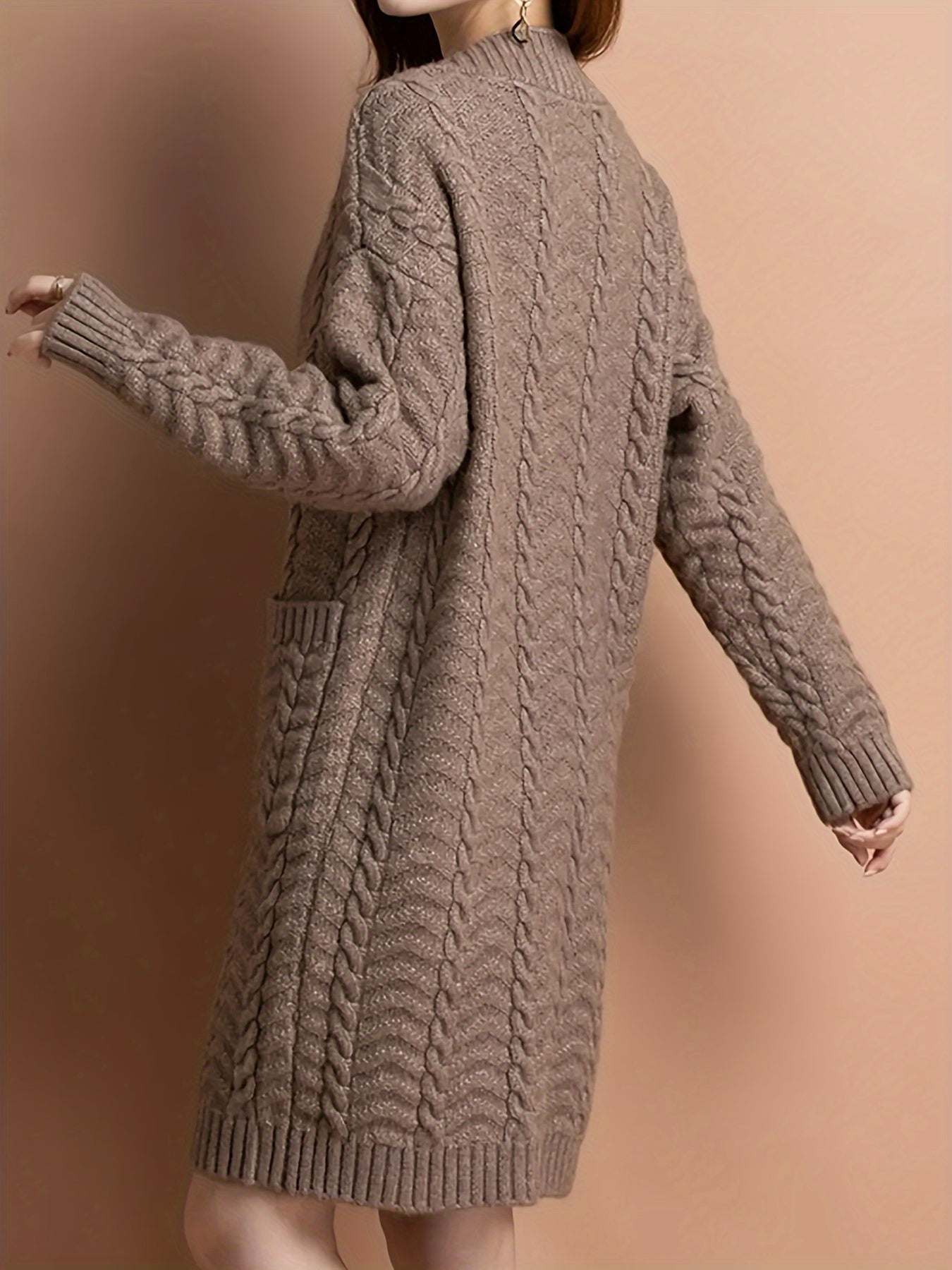 Plus-Size Cable Knit Cardigan for Women Long Sleeve Open Front Pockets Fall Winter