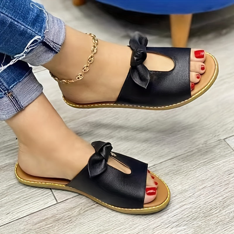 Women's Open-Toe Flat Slippers with Bow Tie Decor Indoor Outdoor Comfort