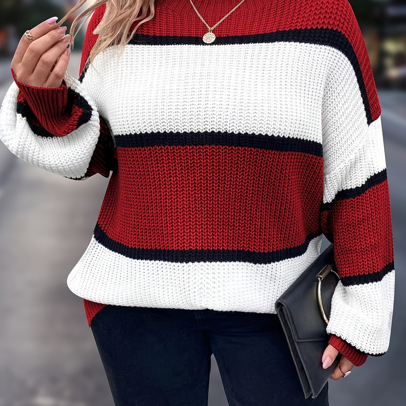Plus Size Women's Striped Turtleneck Sweater Long Sleeve Winter Top