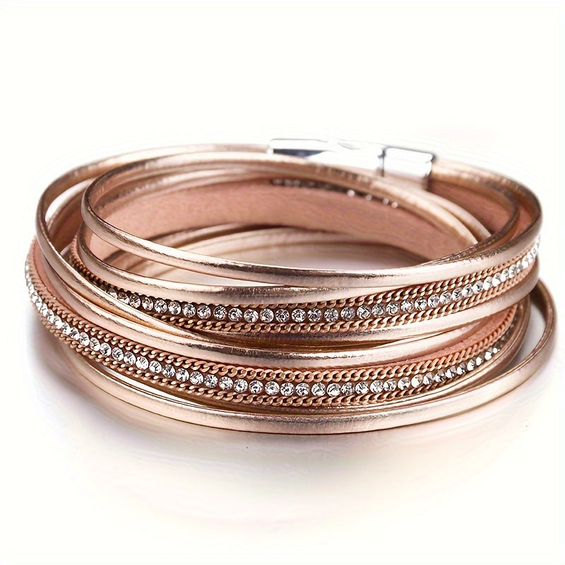 Multi-Layer Faux Leather Bracelet for Men Women Double Wrap Rhinestones Gift
