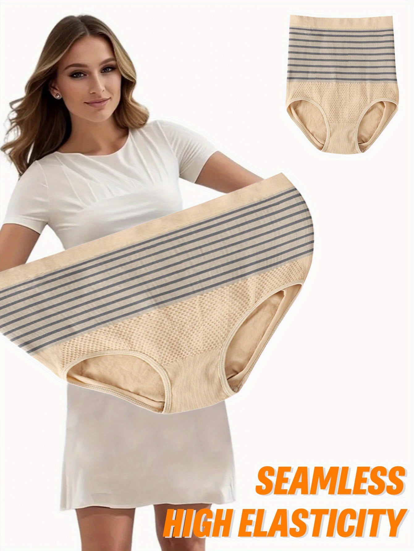 Women's Seamless High-Elasticity Tummy Control Shapewear Panties Beige Blue Striped