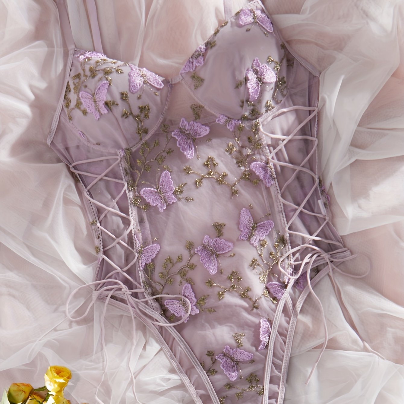 Women's Lace Teddy with Butterfly Embroidery and Plunging Back