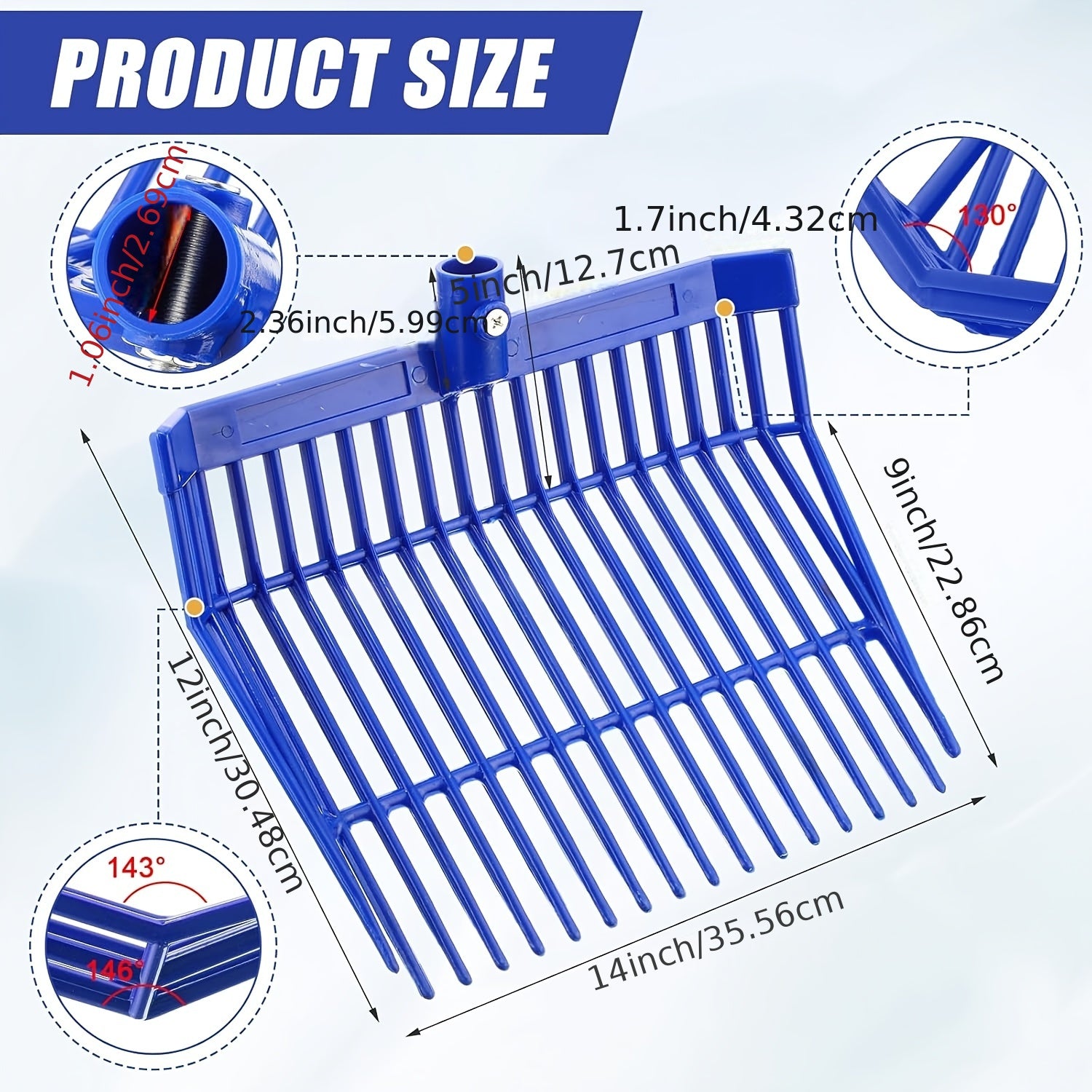 ABS Horse Stall Cleaning Fork Large Blue and Black Durable Plastic Manure Hay Fork