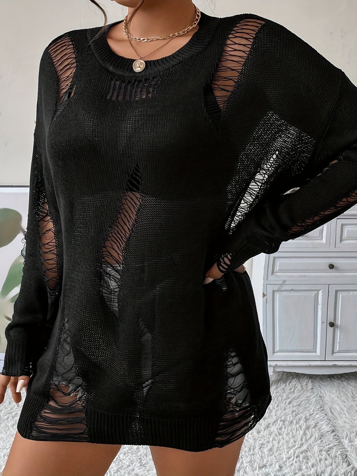 Plus Size Women's Sweater with Distressed Shoulder Hollow-Out Knit Pullover for Spring Summer