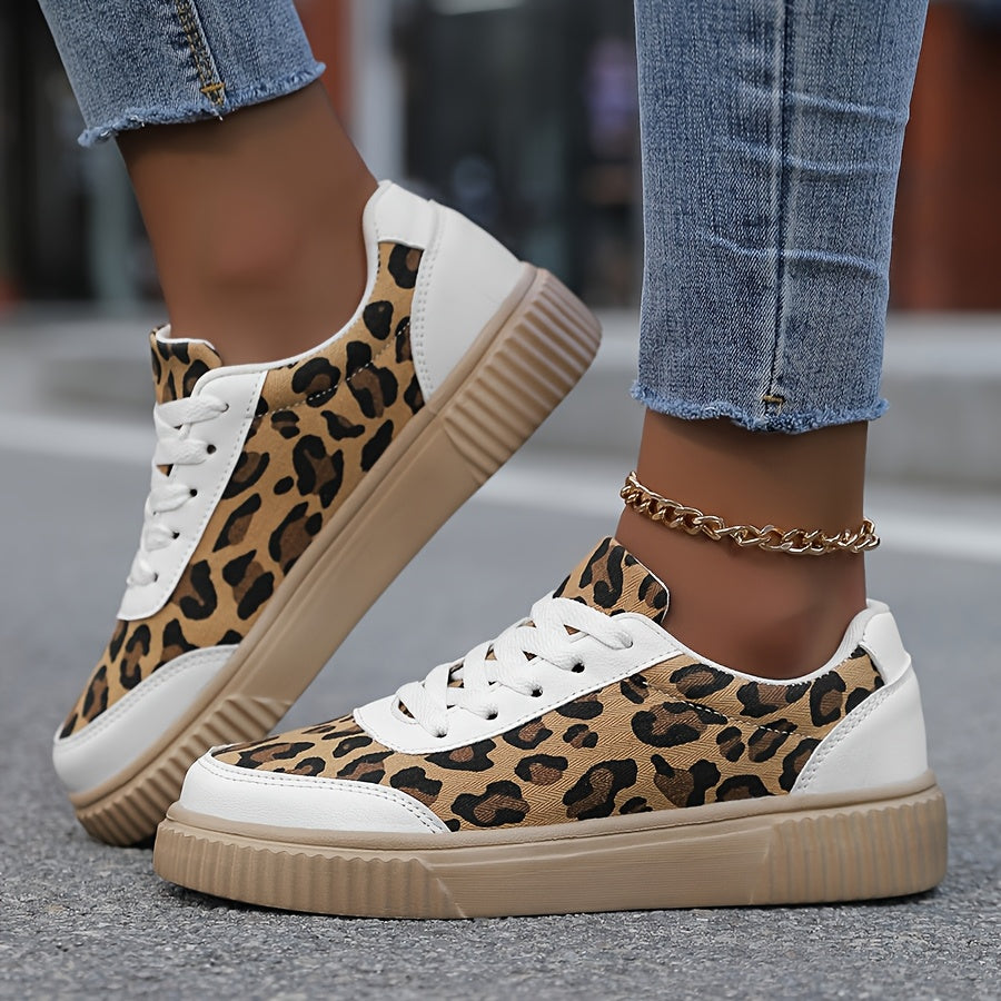 Women's Leopard Print Sneakers Casual Low Top Stain-Resistant Lace-Up EVA Rubber Insole