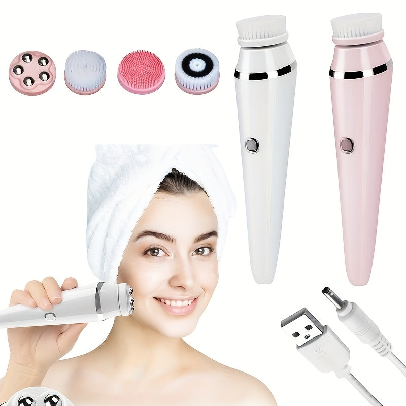 Electric Facial Brush with 4 Replaceable Heads and USB Charging
