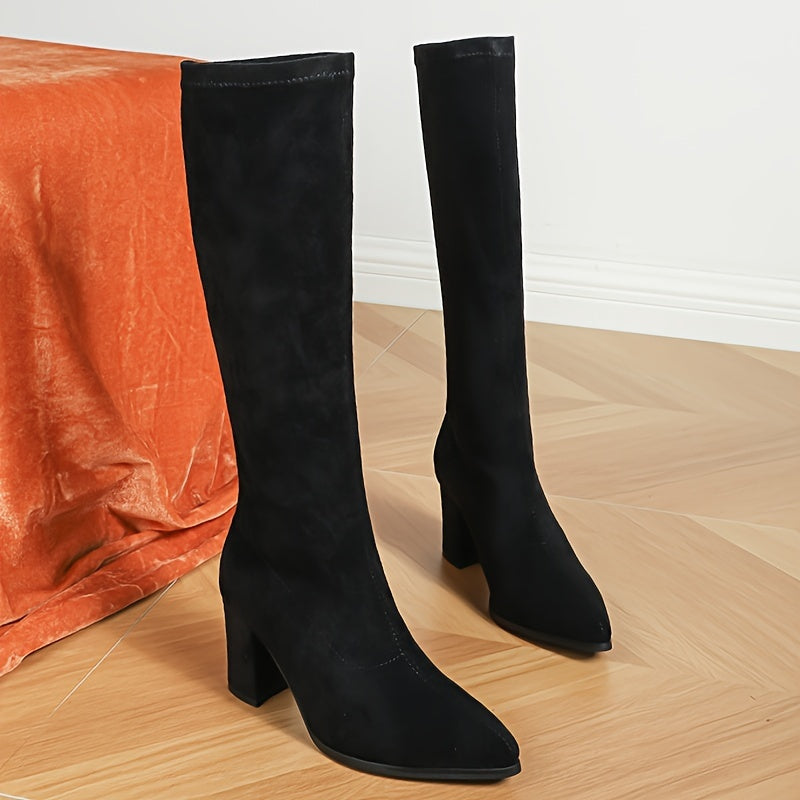 Women's Knee-High Boots Flannel Upper Pointed Toe Block Heel Fall Dress Shoes