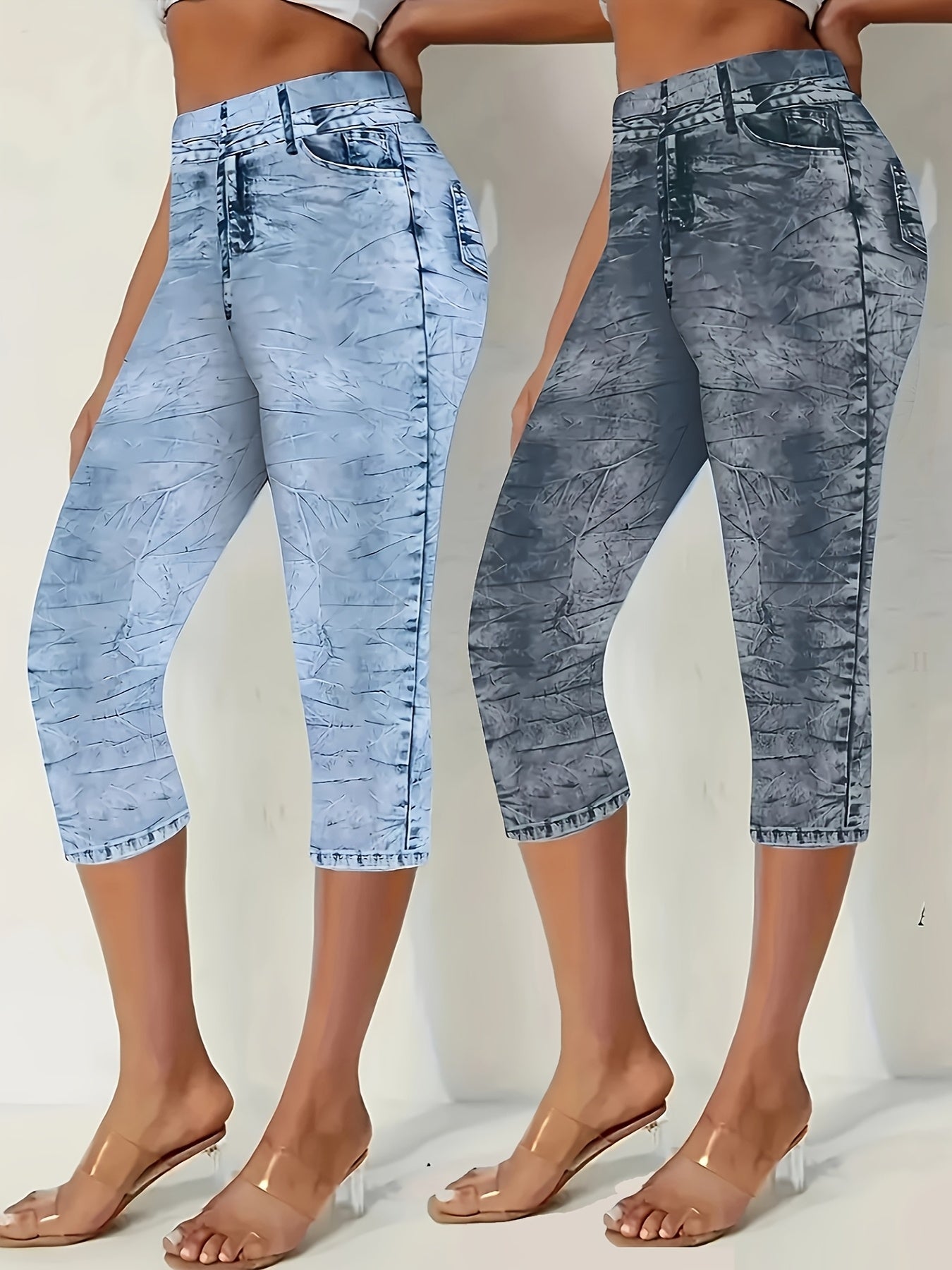 Women's Plus Size Stretch Denim Print Shorts Light Blue Casual Summer