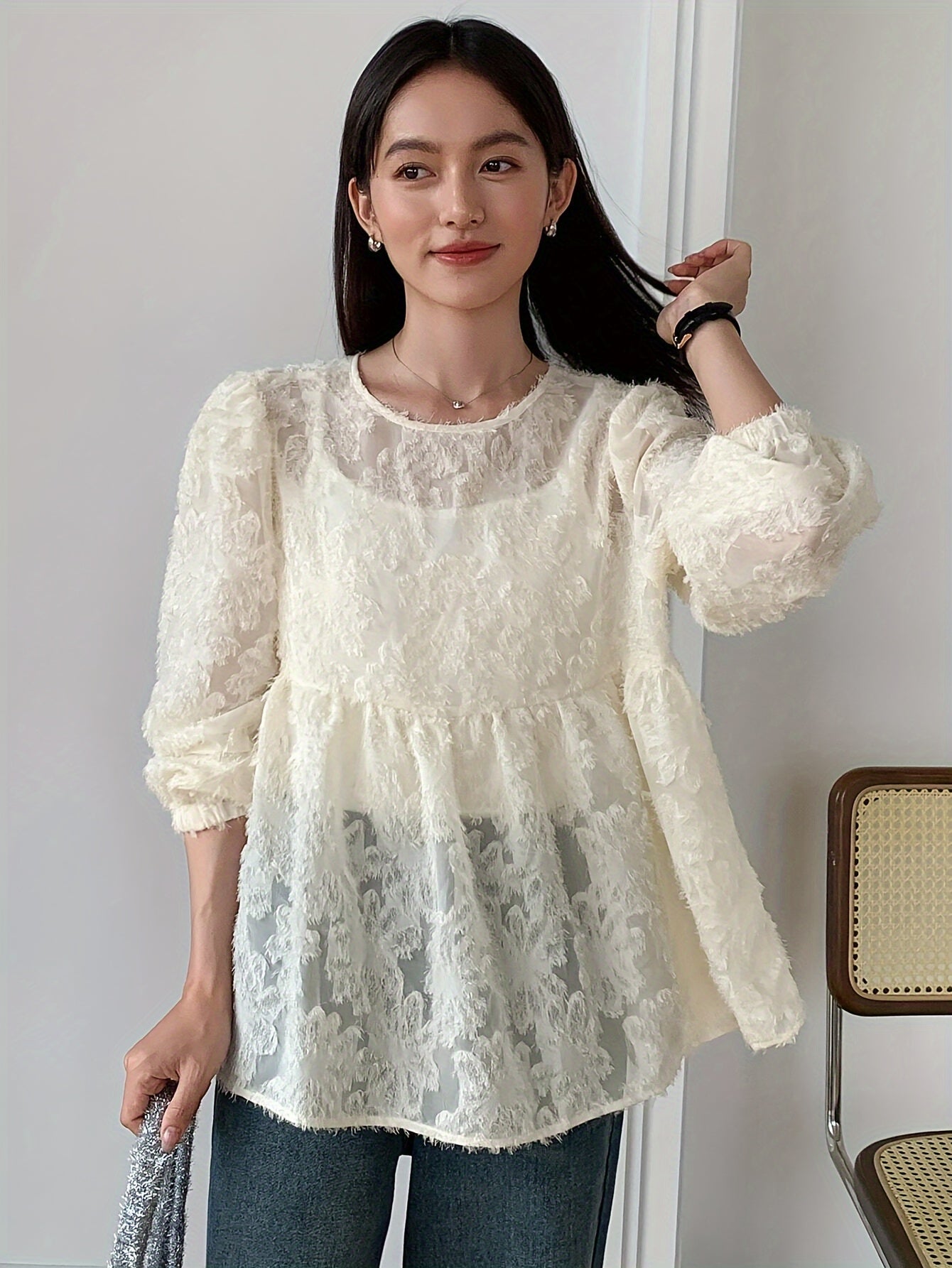 Women's Long Sleeve Blouse with Ruffled Hem in Textured Polyester Fabric