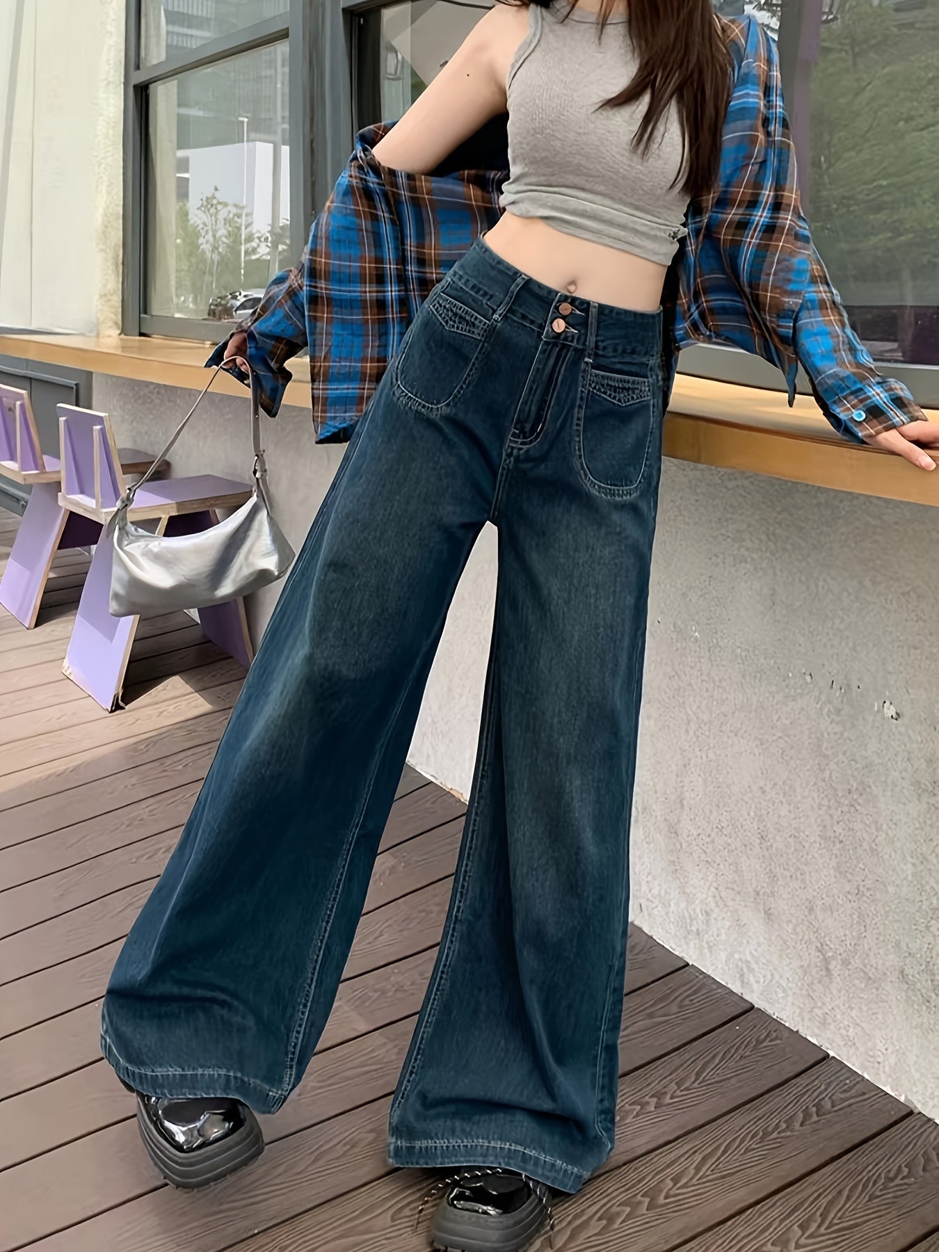 Women's Wide Leg Bell-Bottom Jeans Denim Long Length High Waist Stylish Casual