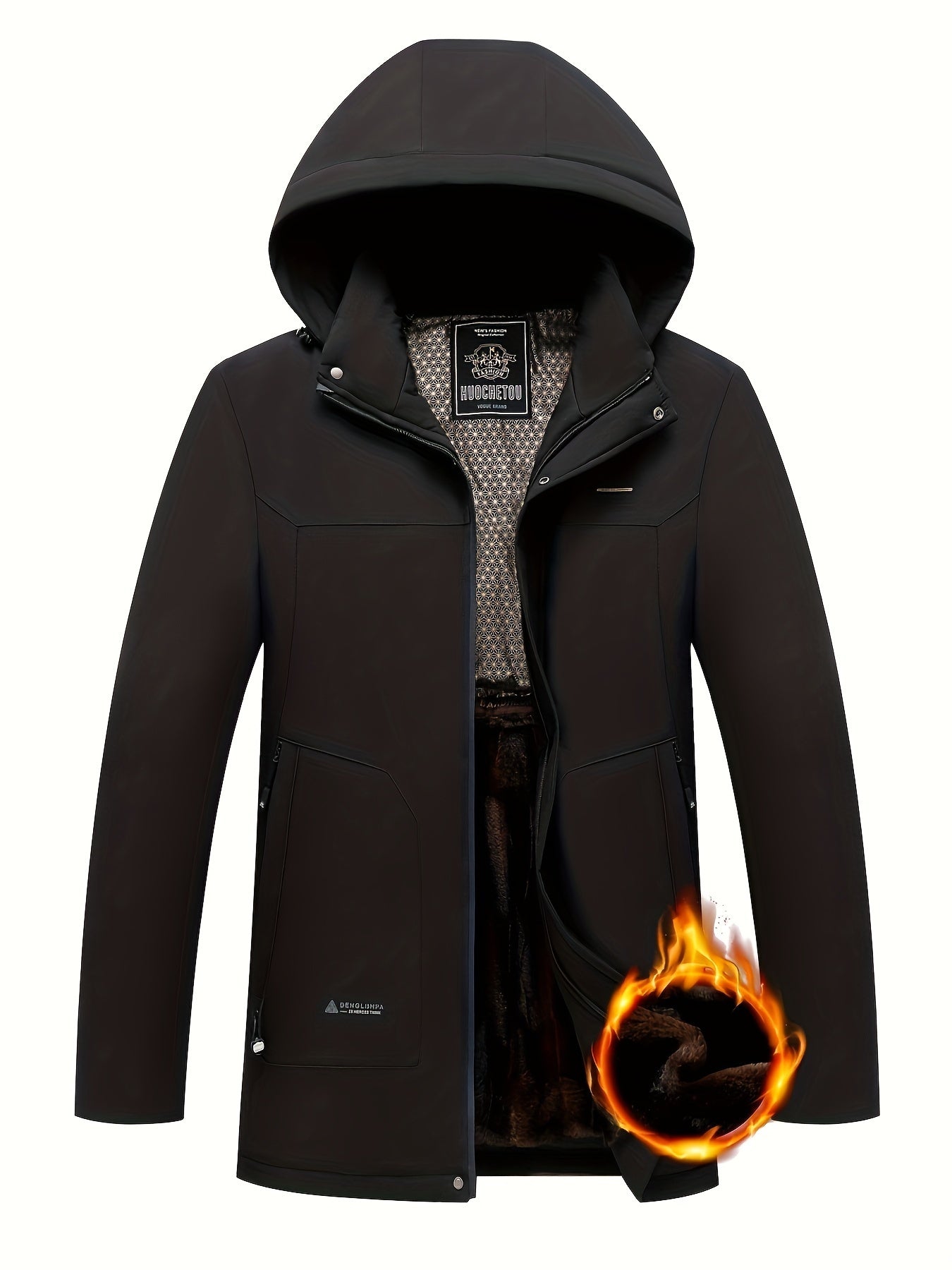 Men's Navy Blue Winter Jacket with Detachable Hood Fleece Lined Breathable Zipper Coat