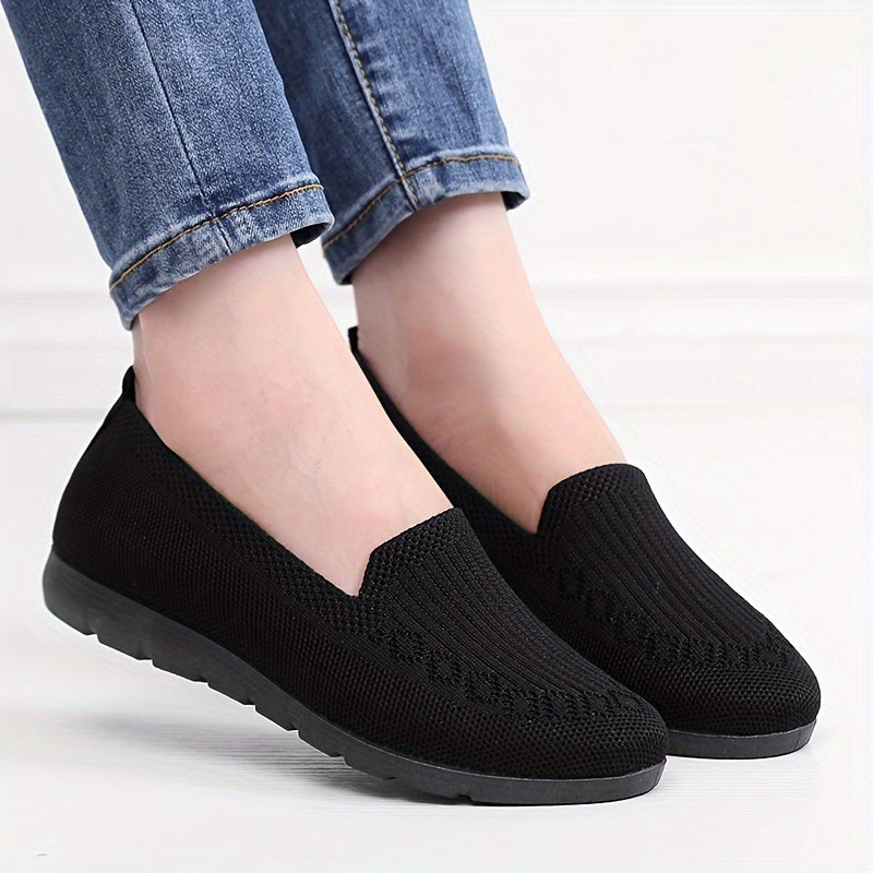 Women's Breathable Slip-On Flats with Solid Knit Upper and Rubber Sole