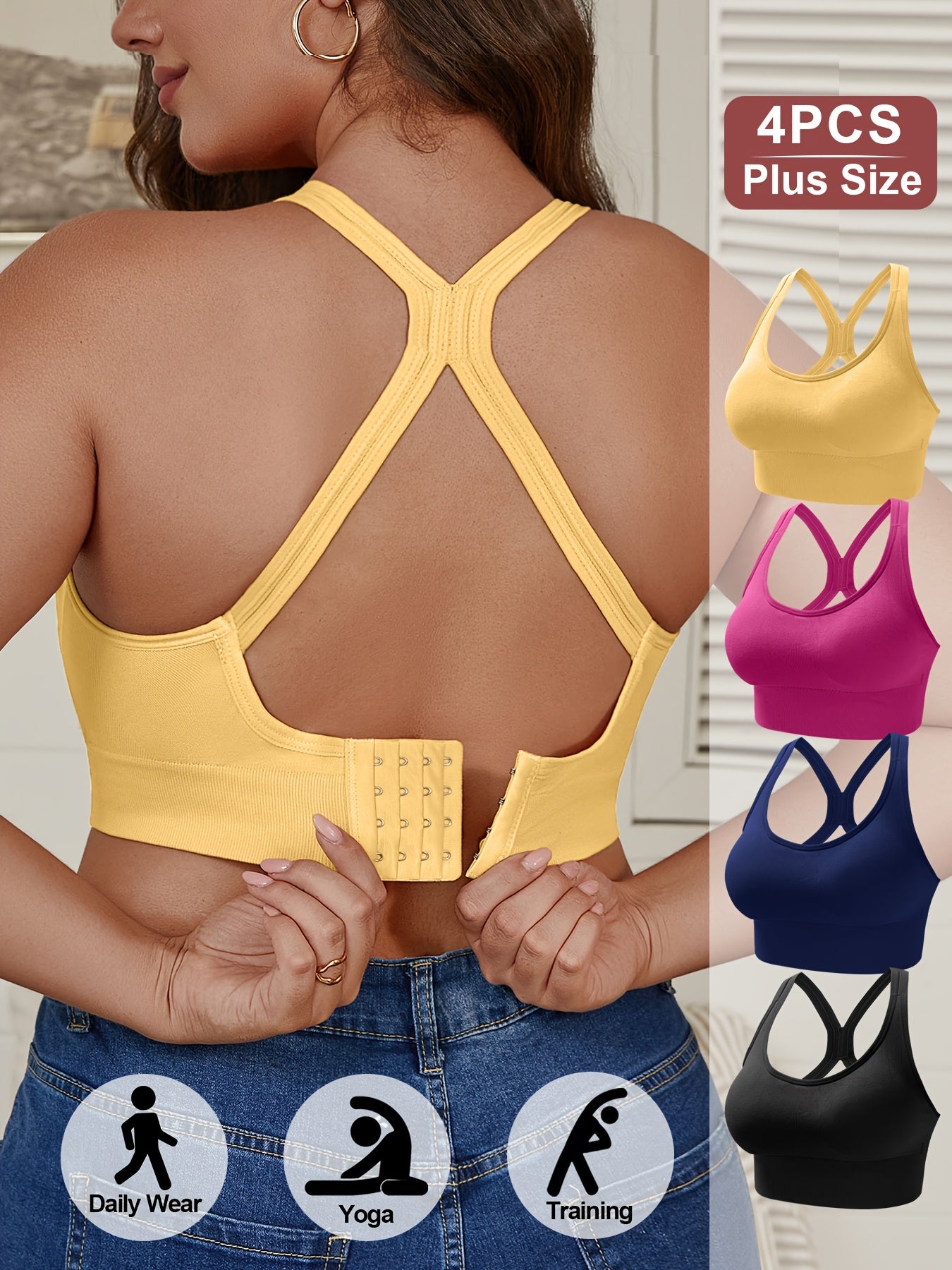 Women’s Plus Size Seamless Sports Bra 4 Pack Breathable Non-Slip Yoga Tank Top