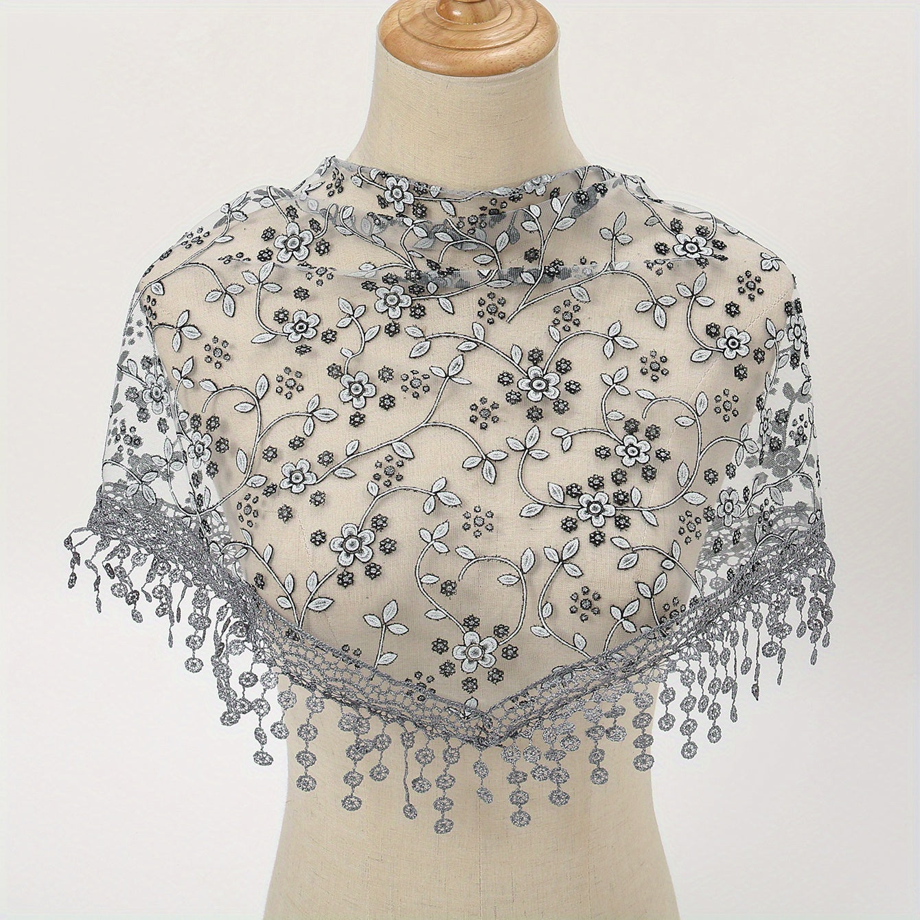 Women's Floral Embroidery Lace Shawl Triangle Scarf Cape Hollow Out Breathable Fabric for Head Covering
