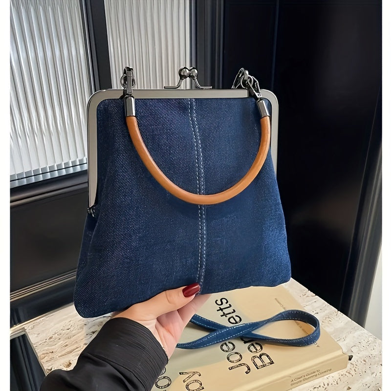 Handcrafted Denim Crossbody Bag for Women with Clasp Closure and Wooden Handle