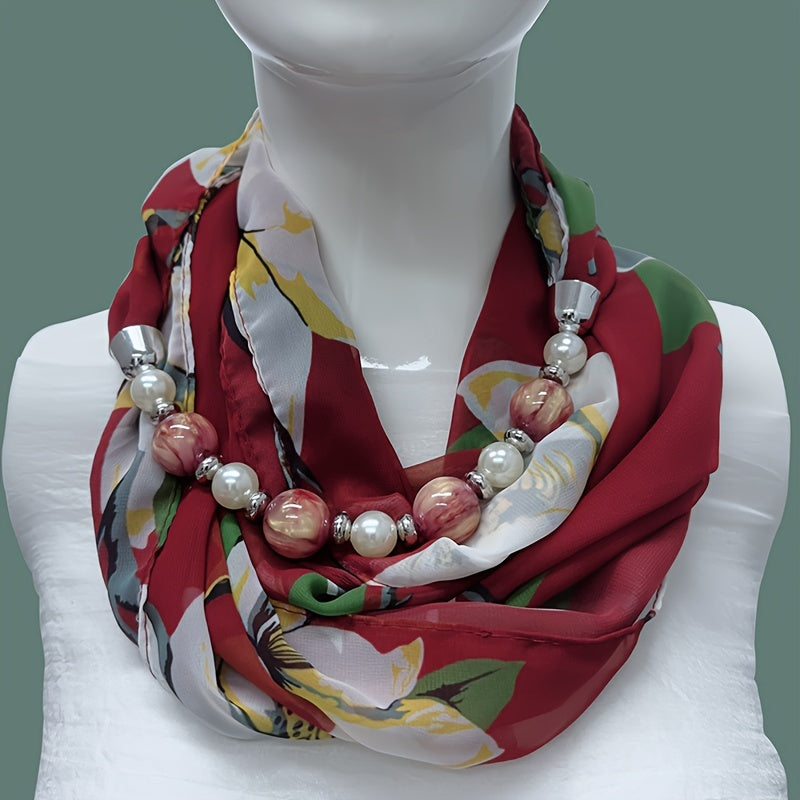 Beaded Necklace Scarf Women’s Chiffon Imitation Ceramic Beads Infinity Accessory