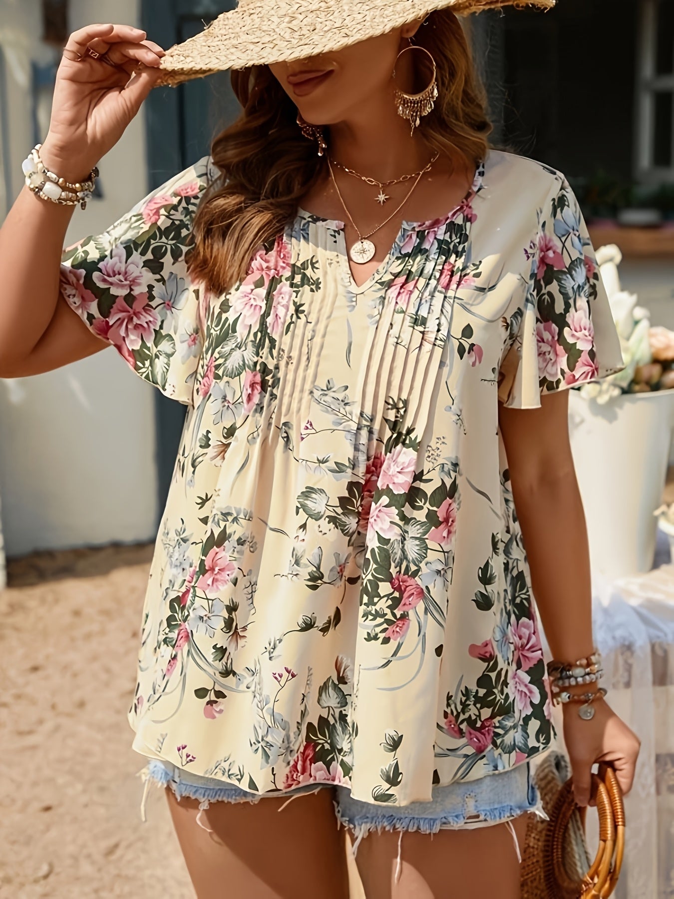 Plus Size Women's Floral Print Blouse V-Neck Notched Sleeves