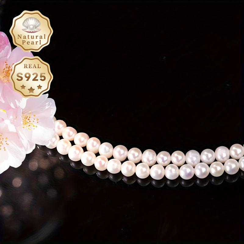 Elegante collar de perlas de agua dulce de doble capa para mujer, 4-5mm, piedra de nacimiento de junio, plata