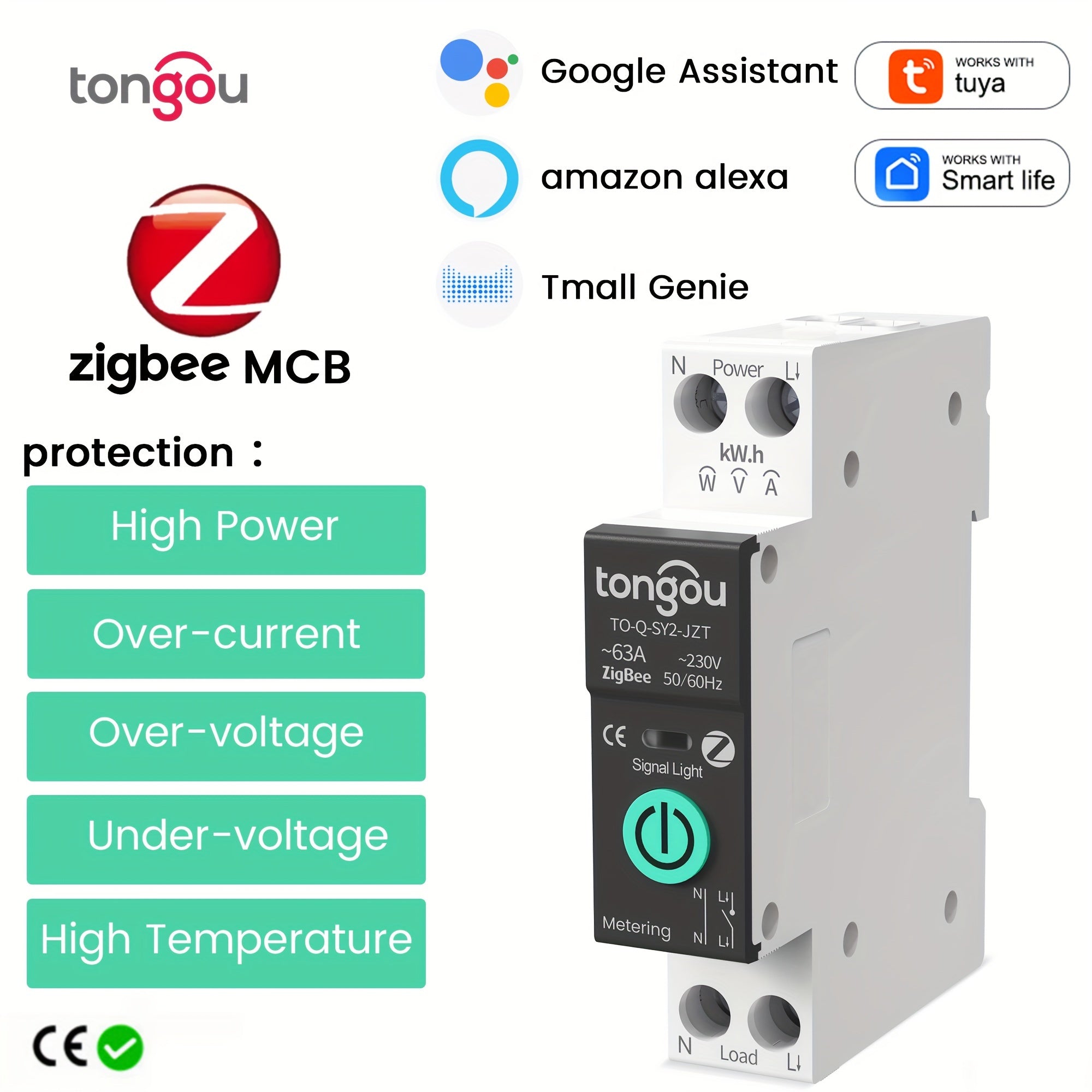 Zigbee Smart Switch 1-63A Wi-Fi Compatible with Alexa Google Home Timer Overload Protection Energy Monitoring