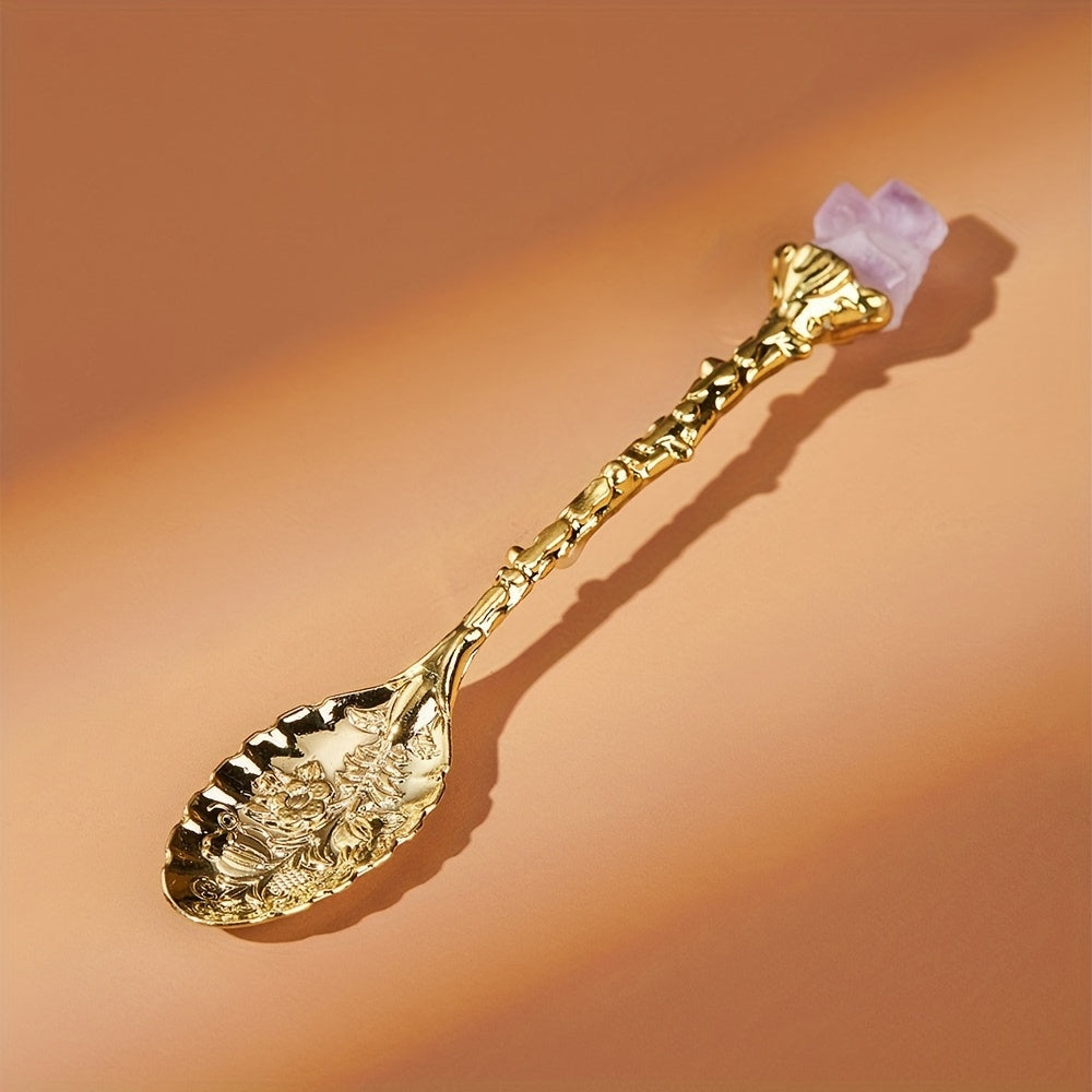 Set of Four Natural Amethyst Spoons with Tooth Flower Pattern for Desserts and Coffee