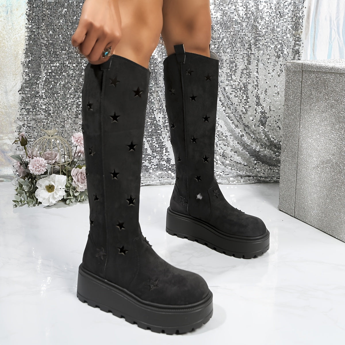 Women's Spring Ankle Boots Rubber Platform Slip-On Beige Star Embellishments