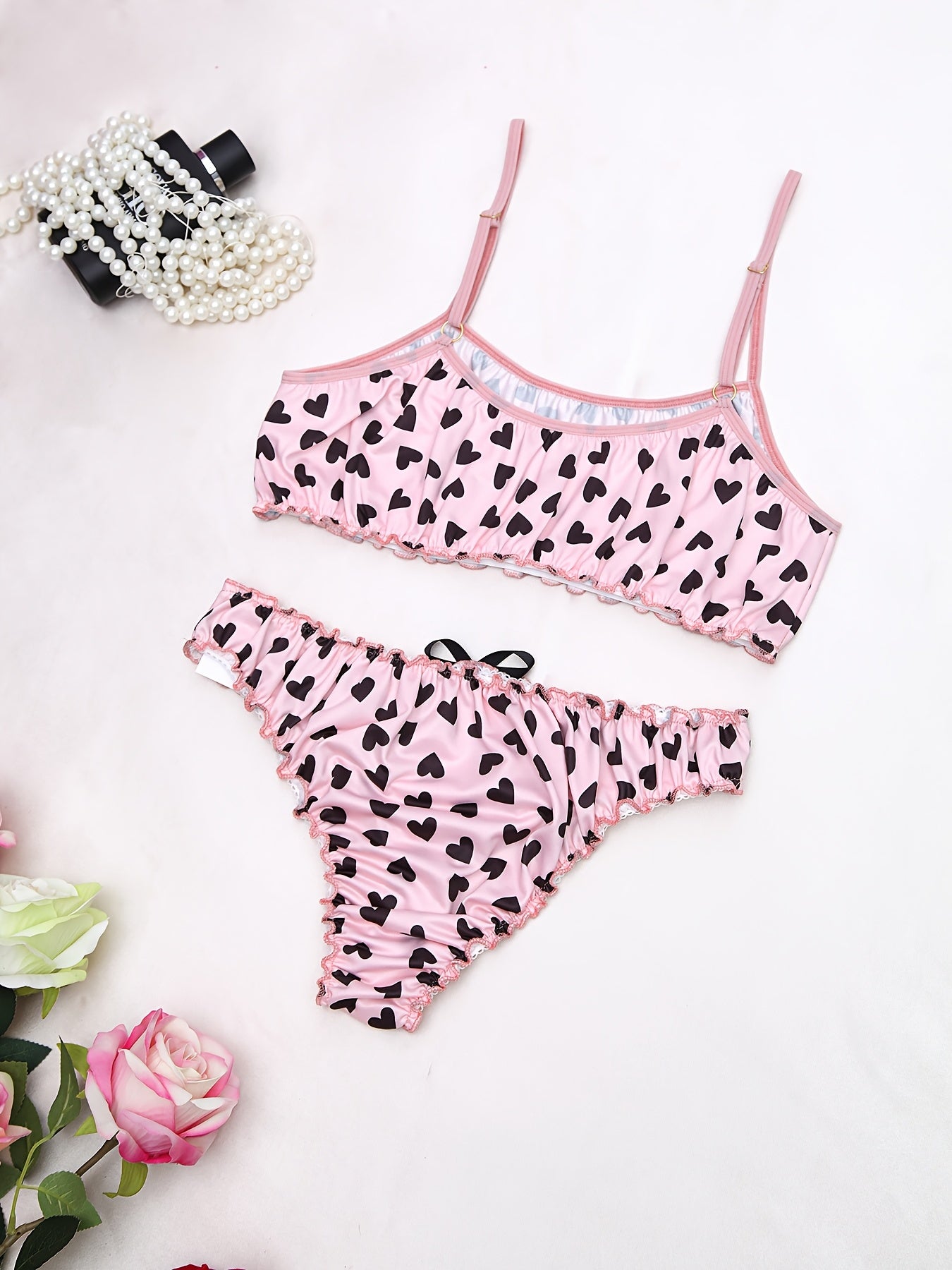 Women's Heart Pattern Lace Lingerie Set with Adjustable Straps