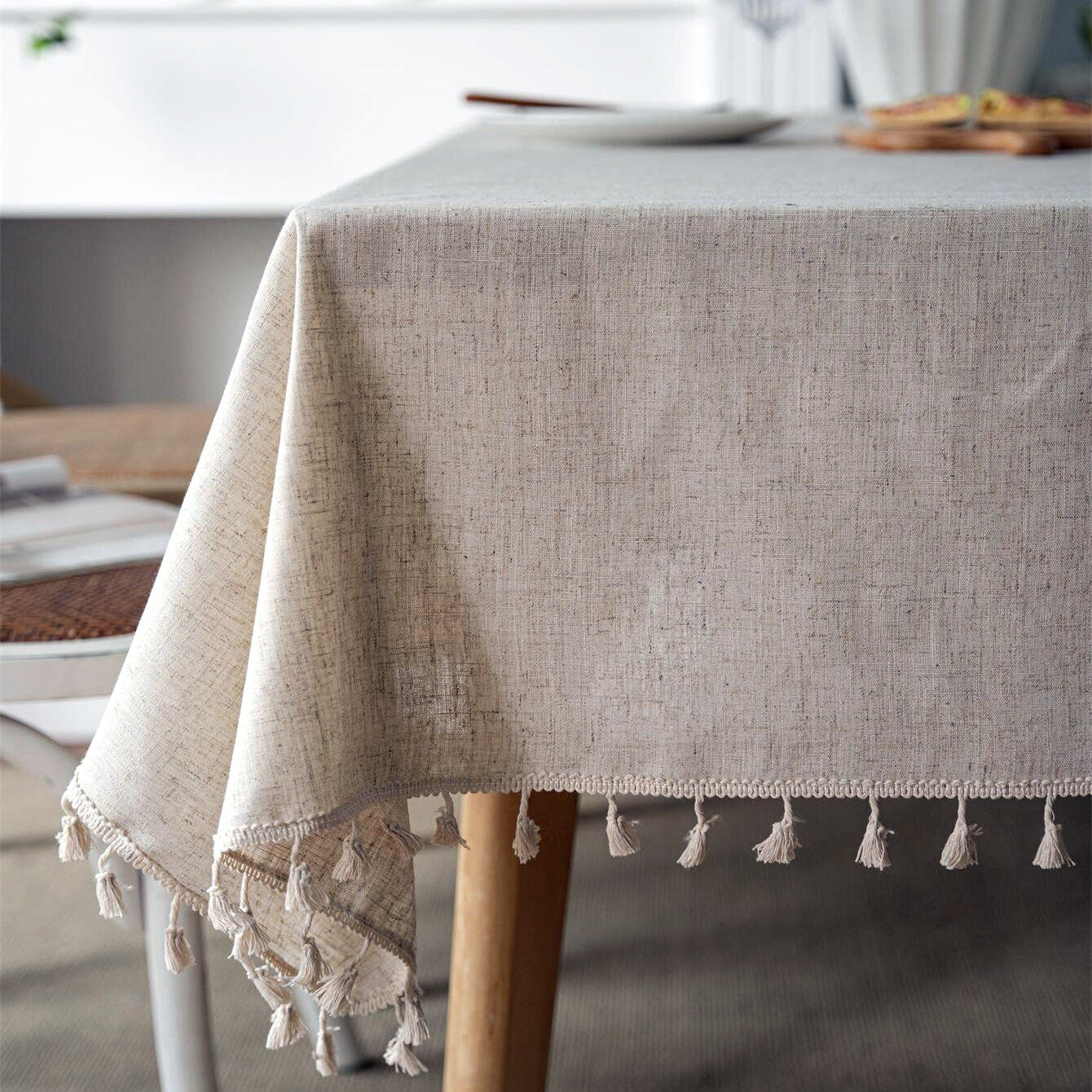 Beige Linen Farmhouse-Style Tablecloth with Fringed Edges for Holidays and Events
