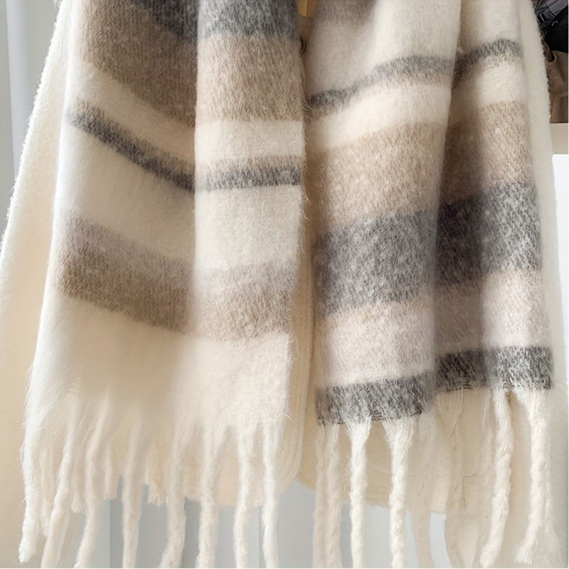 Cozy Striped Chunky Scarf for Couples Warm Windproof Autumn Winter Polyester Shawl