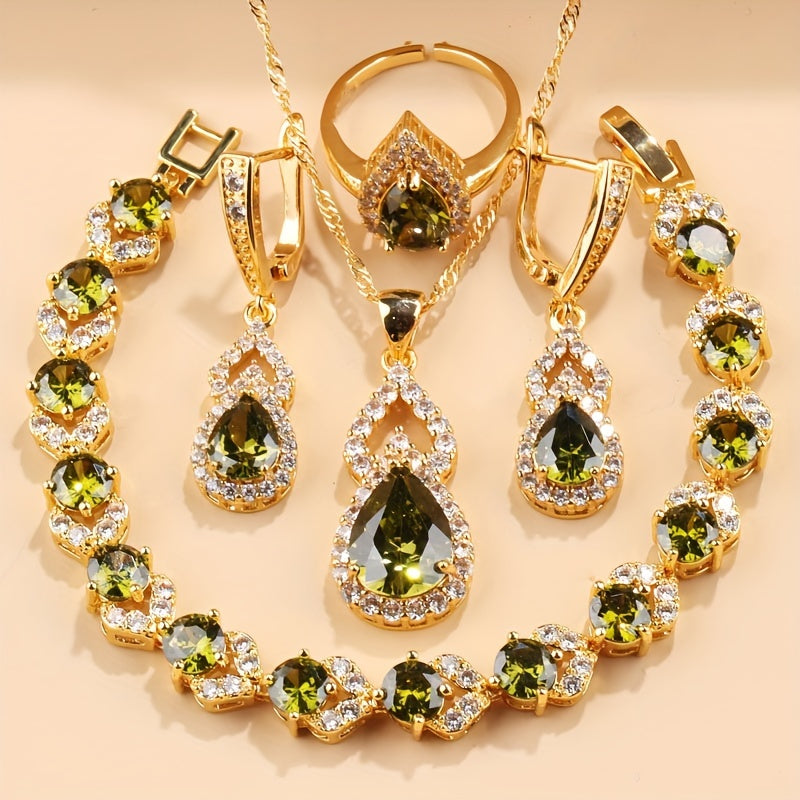 5-Piece Jewelry Set Teardrop Earrings Pendant Bracelet Ring Necklace Gold Plated Copper Gift for Her