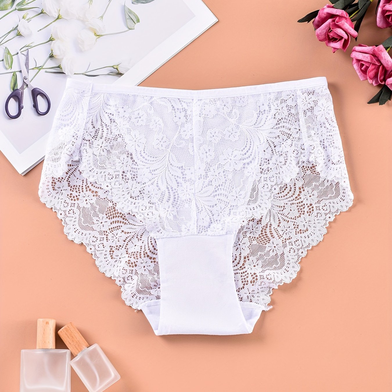 Bragas de encaje transpirable para mujer, color sólido semi-transparente, poliamida elastano