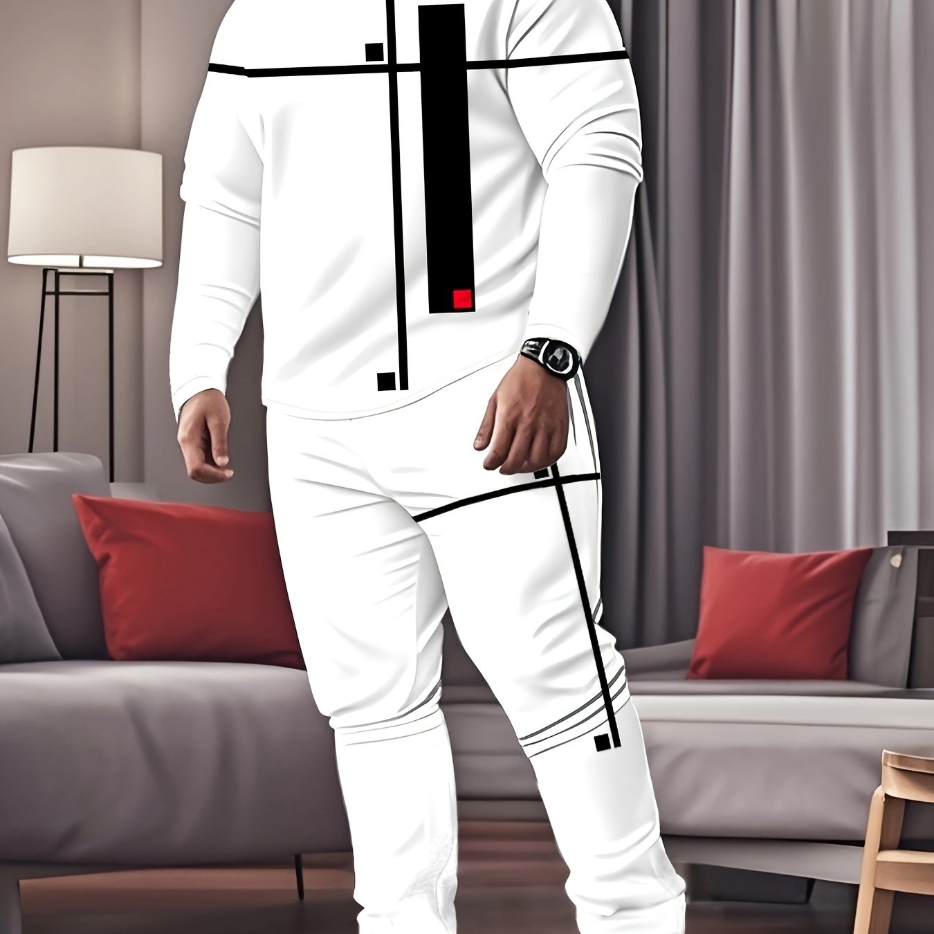 Men's Plus Size Sportswear Set with Geometric Print Crew Neck Long Sleeve T-Shirt and Pants Breathable Polyester Spandex Spring Fall