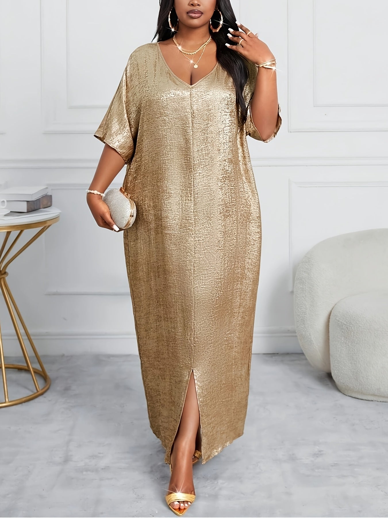 Plus Size V-Neck Evening Dress with Short Sleeves and Shiny Slit Skirt