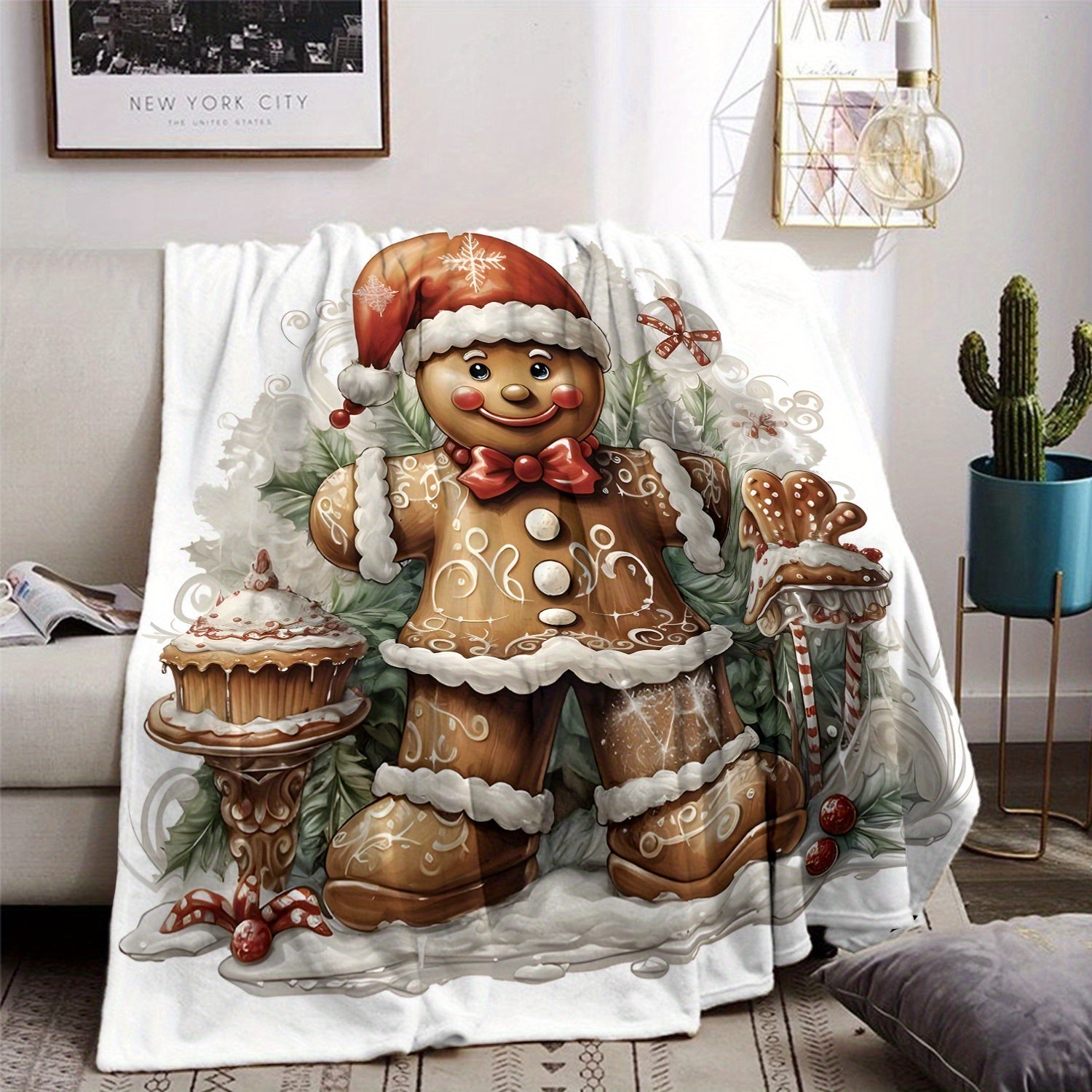 70x100cm Rustic Gingerbread Man Throw Blanket Soft Warm Polyester Flannel Digital Print All-Season