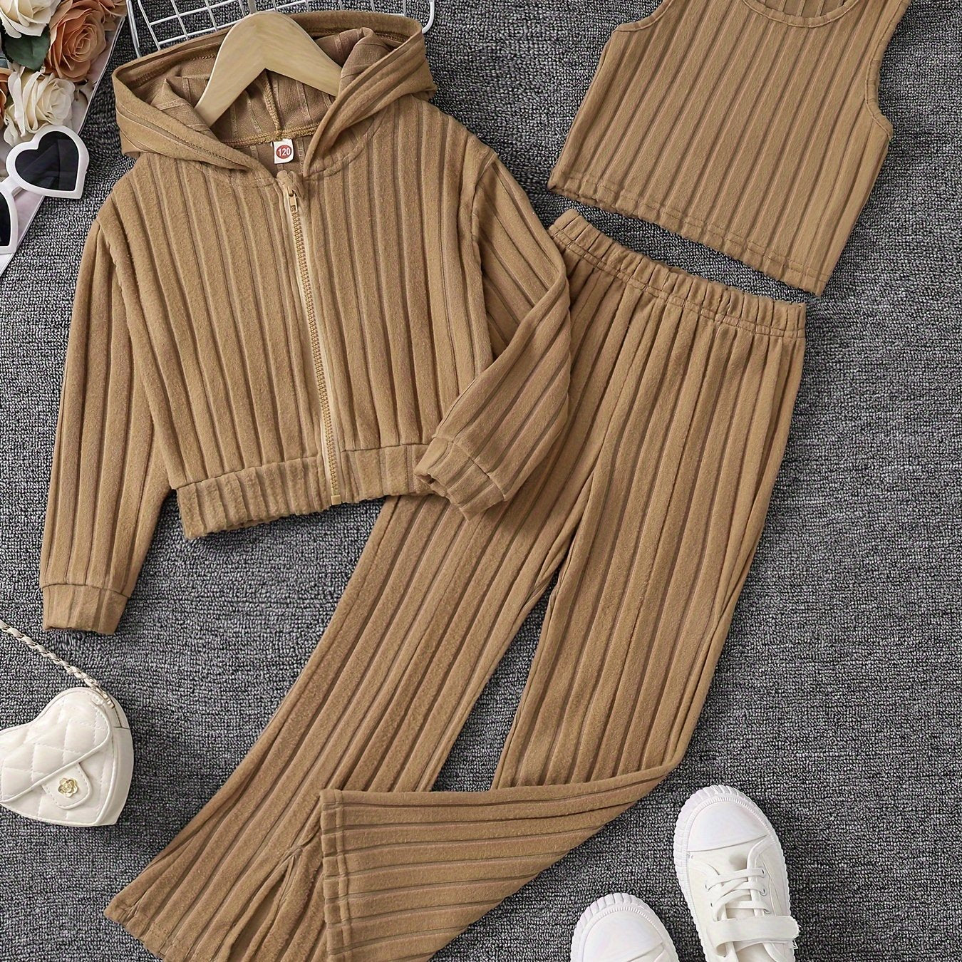 Girls' 3-Piece Outfit Set Long Sleeve Zip Hoodie Tank Top Pants Solid Rib Knit Fall Spring