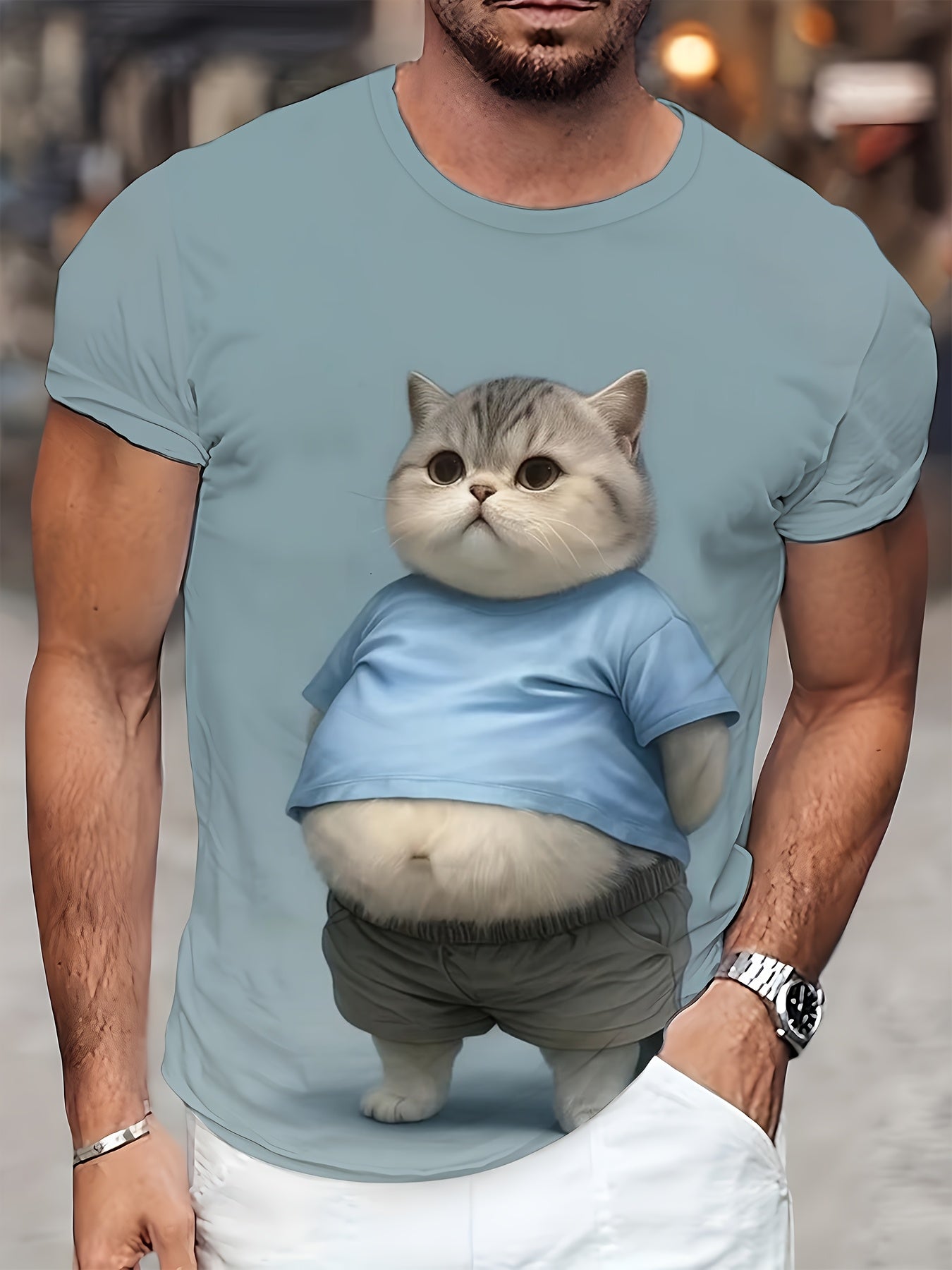 Camiseta de manga corta de poliéster tricotado con impresión de gato 3D para adultos y adolescentes, casual, verano, primavera, otoño