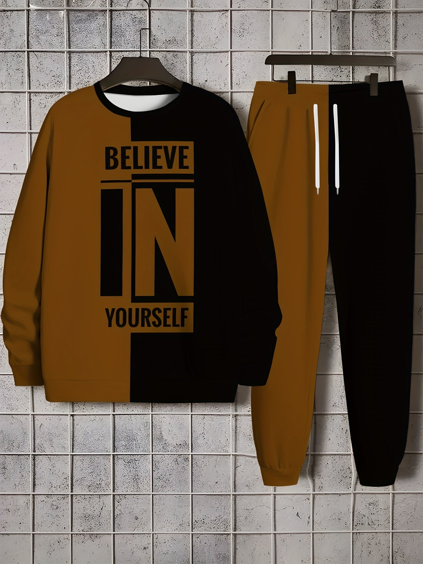 Men's Polyester Knit Tracksuit Crew Neck Long Sleeve Sweatshirt and Joggers with Believe in Yourself Print