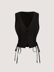Women's Polyester V-Neck Sleeveless Vest with Button Front and Side Tie for Spring Summer Fall