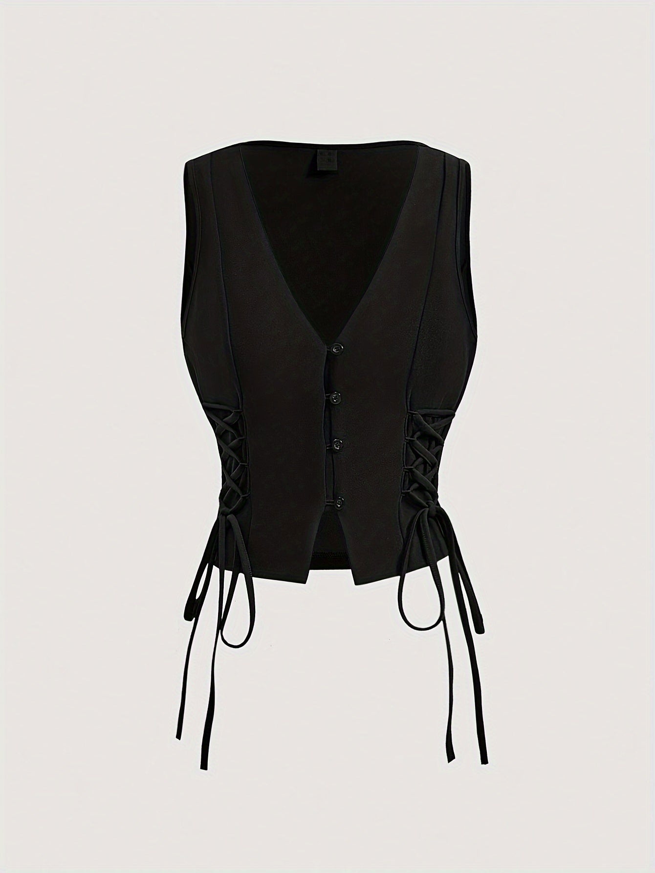 Women's Polyester V-Neck Sleeveless Vest with Button Front and Side Tie for Spring Summer Fall